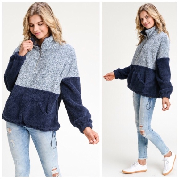 Doe & Rae Navy Blue Faux Fur Pullover. Half Zip! - Picture 2 of 4